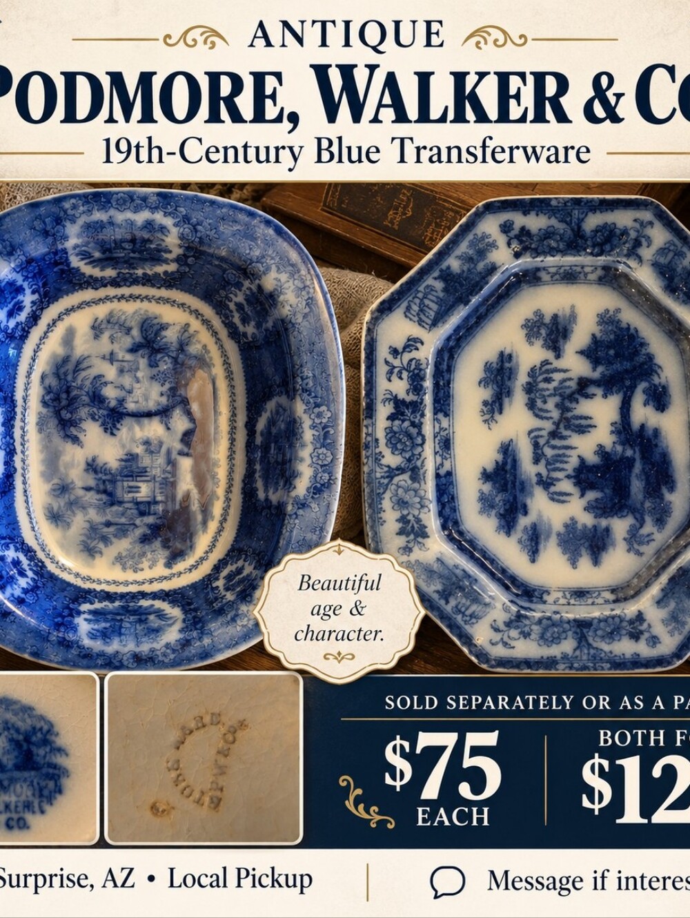 Antique Podmore Walker & Co. Blue Transferware Dishes – 1800s